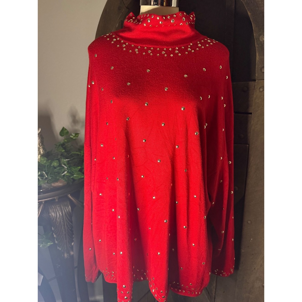 Ruby Rd. Studded Mock Neck Sweater 3X Red Embellished Pullover